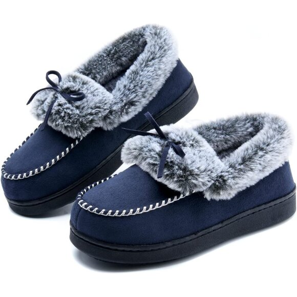 Women's Dark Blue Fuzzy Fluffy Warm Winter Closed Back Fur Lined Slippers Boot - Picture 1 of 6